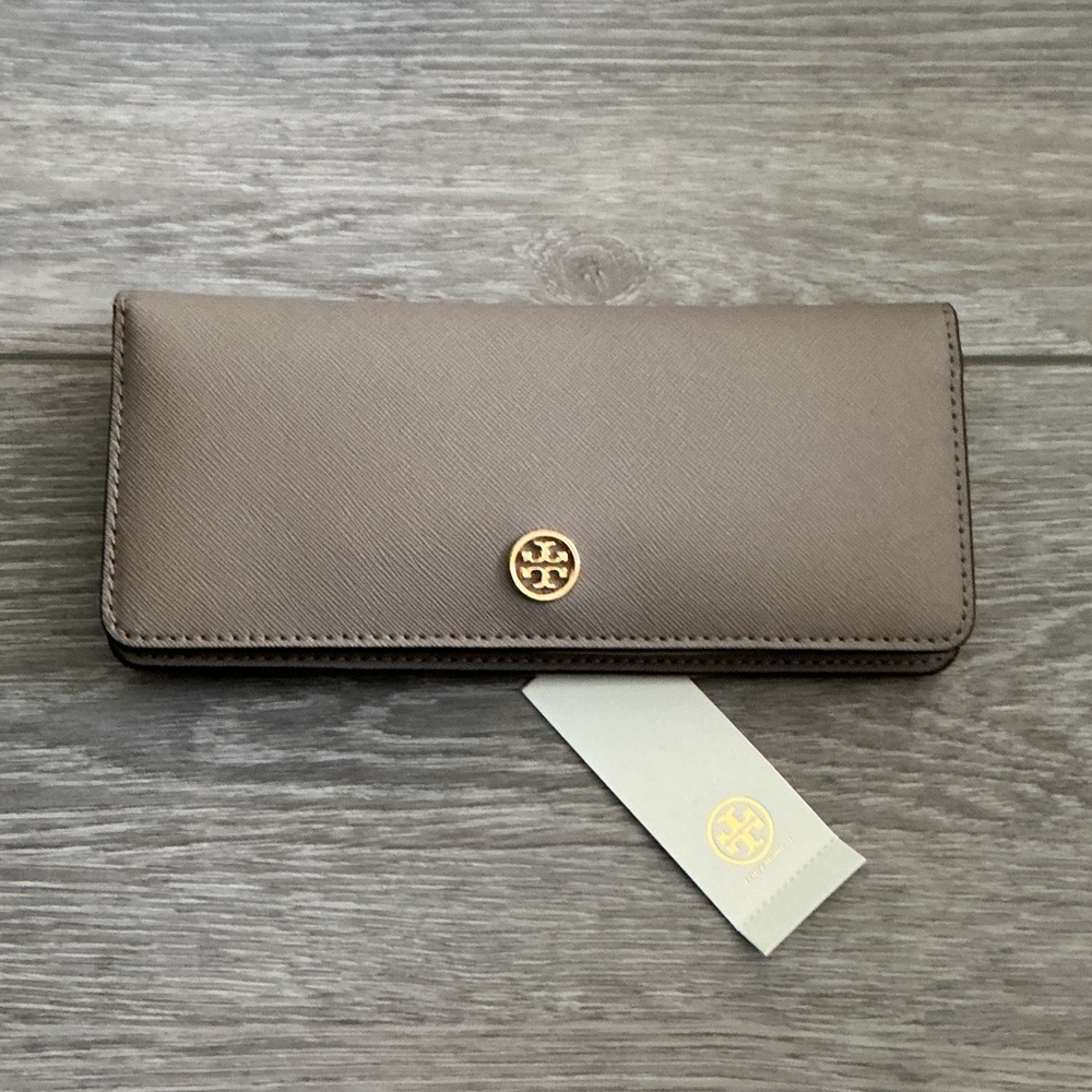 Tory Burch Taupe Wallet with Gold Logo